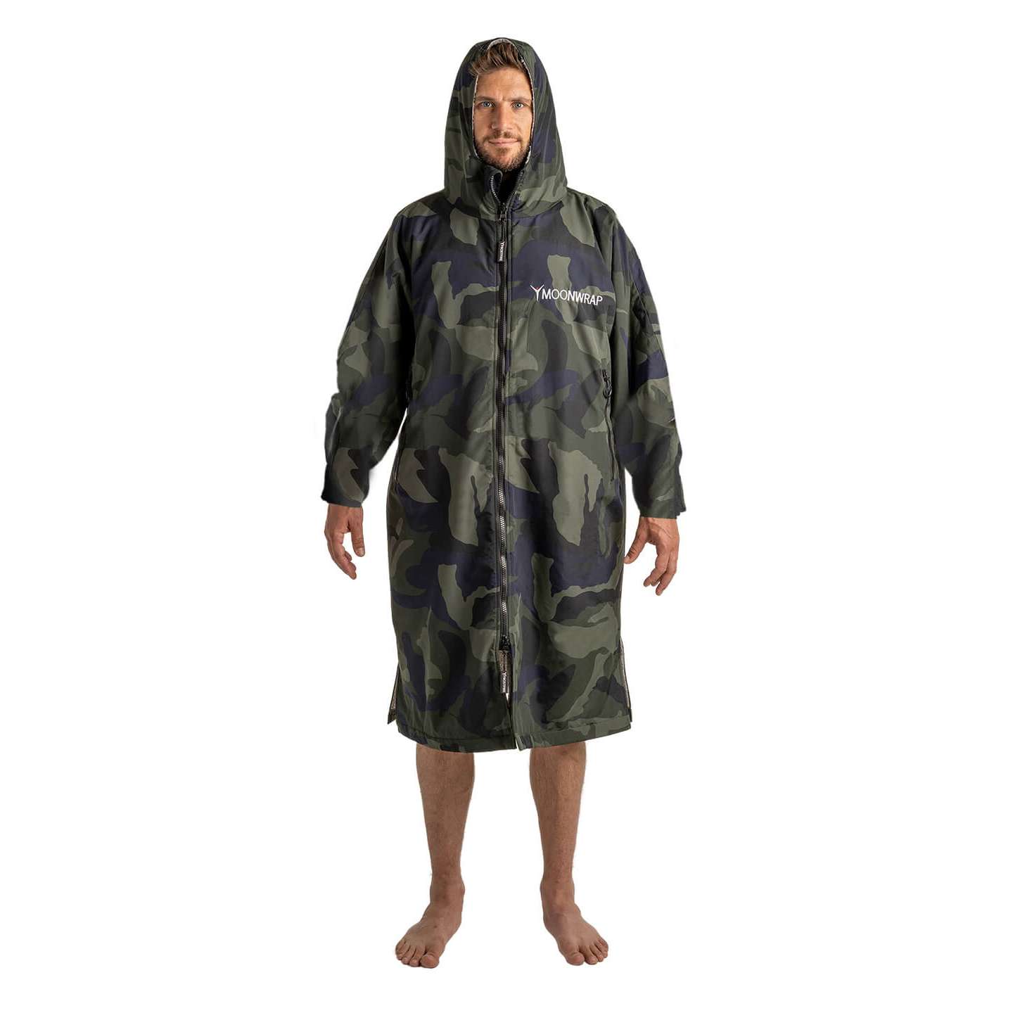 Moonwrap Long Sleeve Robe Camo Limited Edition front view showing hood and full-length changing robe shape