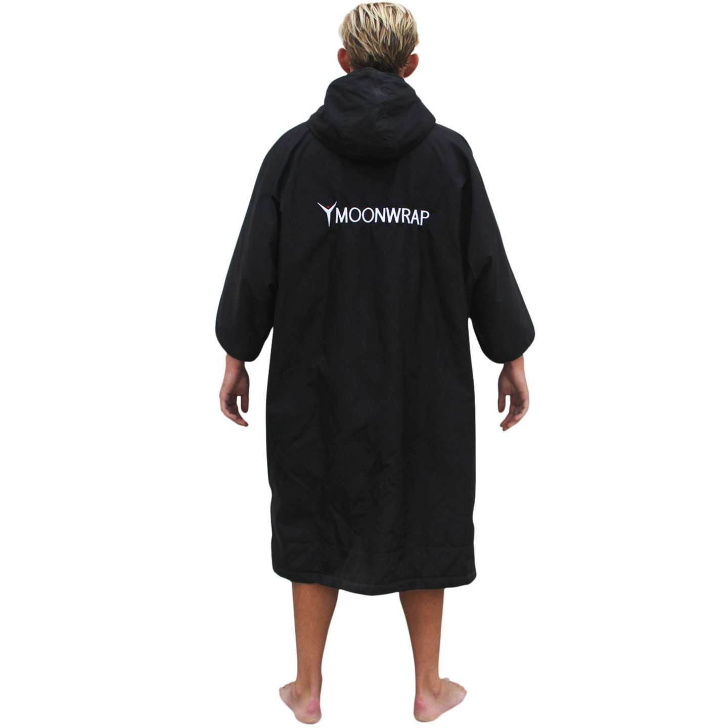 Moonwrap Short Sleeve Waterproof Changing Robe front view showing hood and full-length changing robe shape