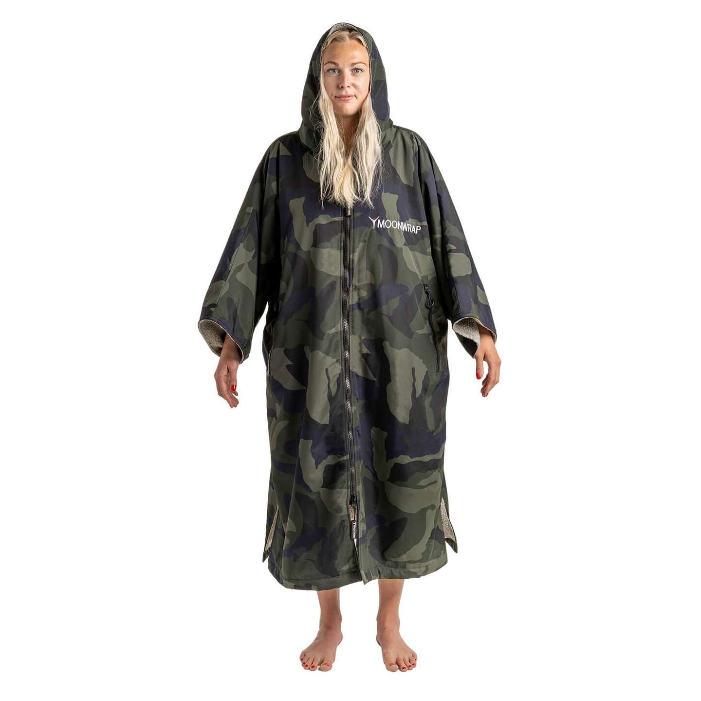 moonwrap-short-sleeve-robe-camo-alt1-zoom Moonwrap Short Sleeve Robe Camo Limited Edition front view showing hood and full-length changing robe shape