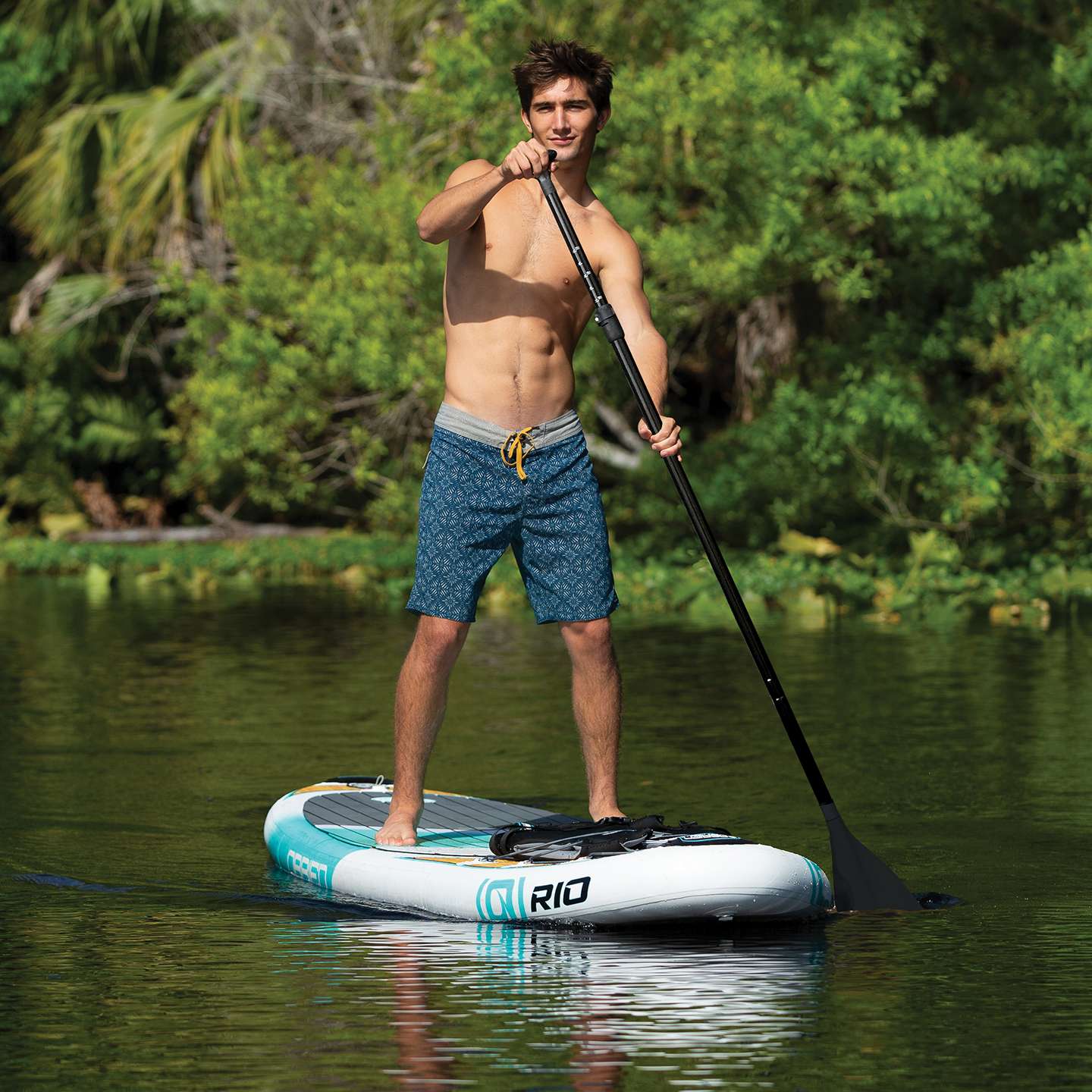 O'Brien 11'0 Rio Inflatable SUP stand up paddle board detail image showing the board handle, deck pad and fittings