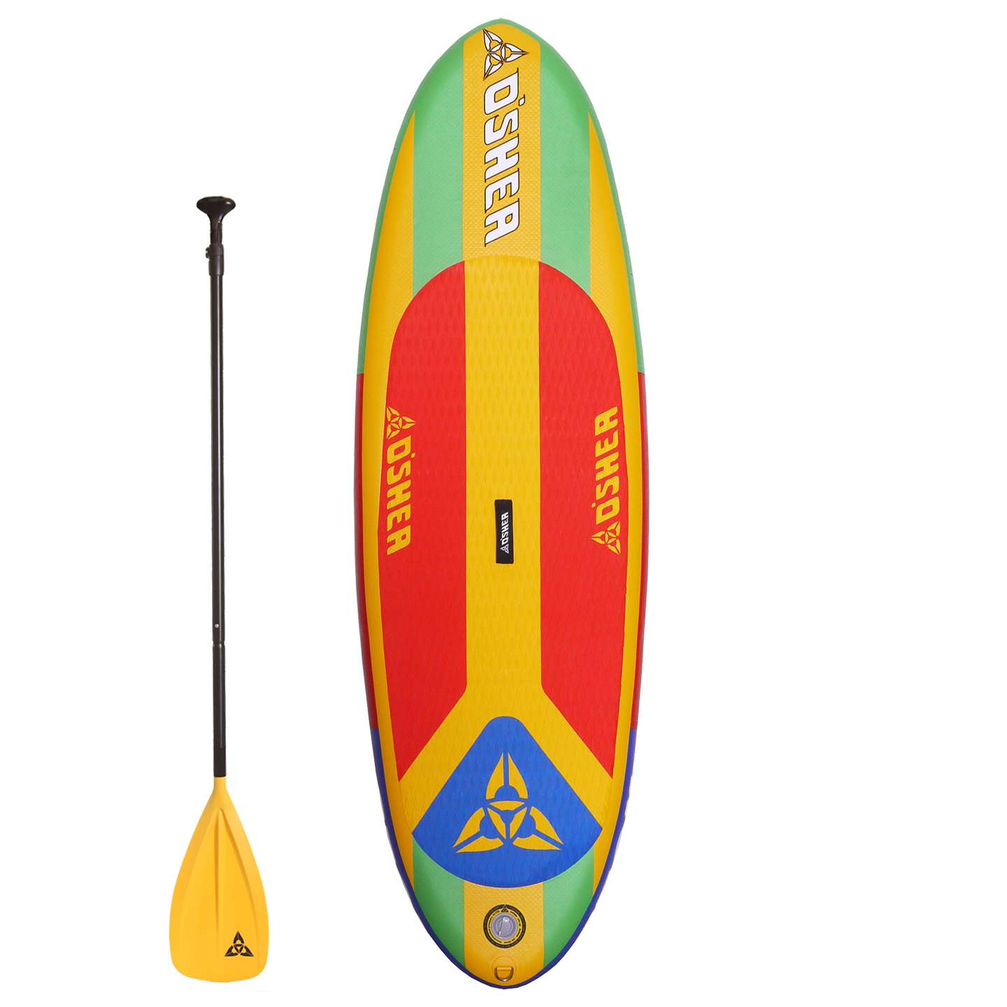 O'Shea 7'10 Grom QSx Inflatable SUP Board 2025 underside view showing fin box, rails and inflatable board outline