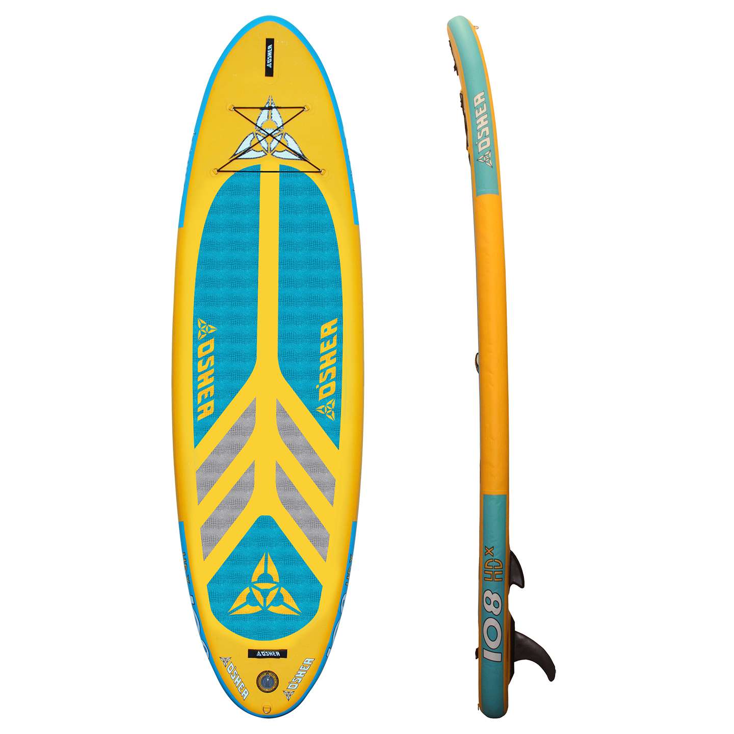 O'Shea 10'8 HDx Inflatable SUP 2025 underside view showing fin box, rails and inflatable board outline