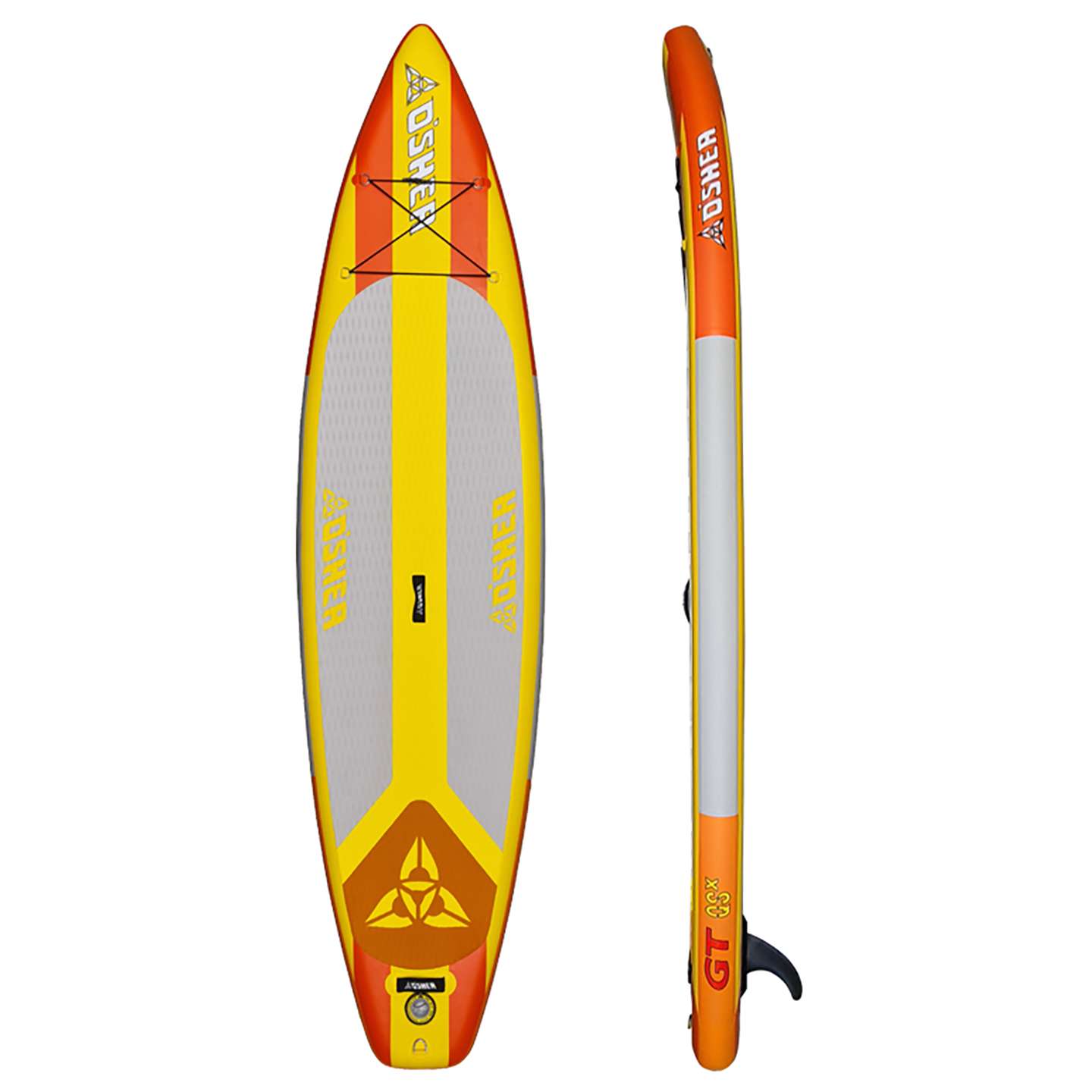 O'Shea 11'2 GT QSx Inflatable SUP 2025 deck view showing traction pad, carry handle and board shape