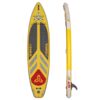 O'Shea 11'2 GT HDx Inflatable SUP 2021 underside view showing fin box, rails and inflatable board outline