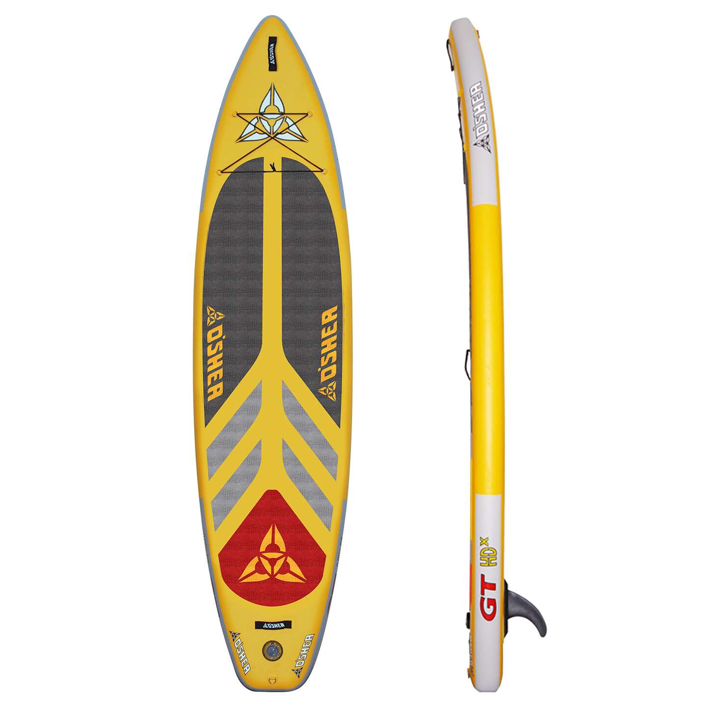 O'Shea 11'2 GT HDx Inflatable SUP 2021 underside view showing fin box, rails and inflatable board outline