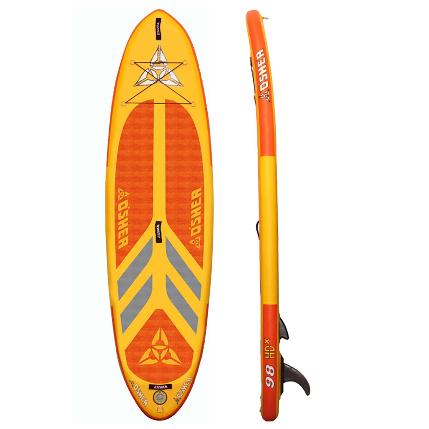 O'Shea 9'8 HDx Inflatable SUP 2025 underside view showing fin box, rails and inflatable board outline