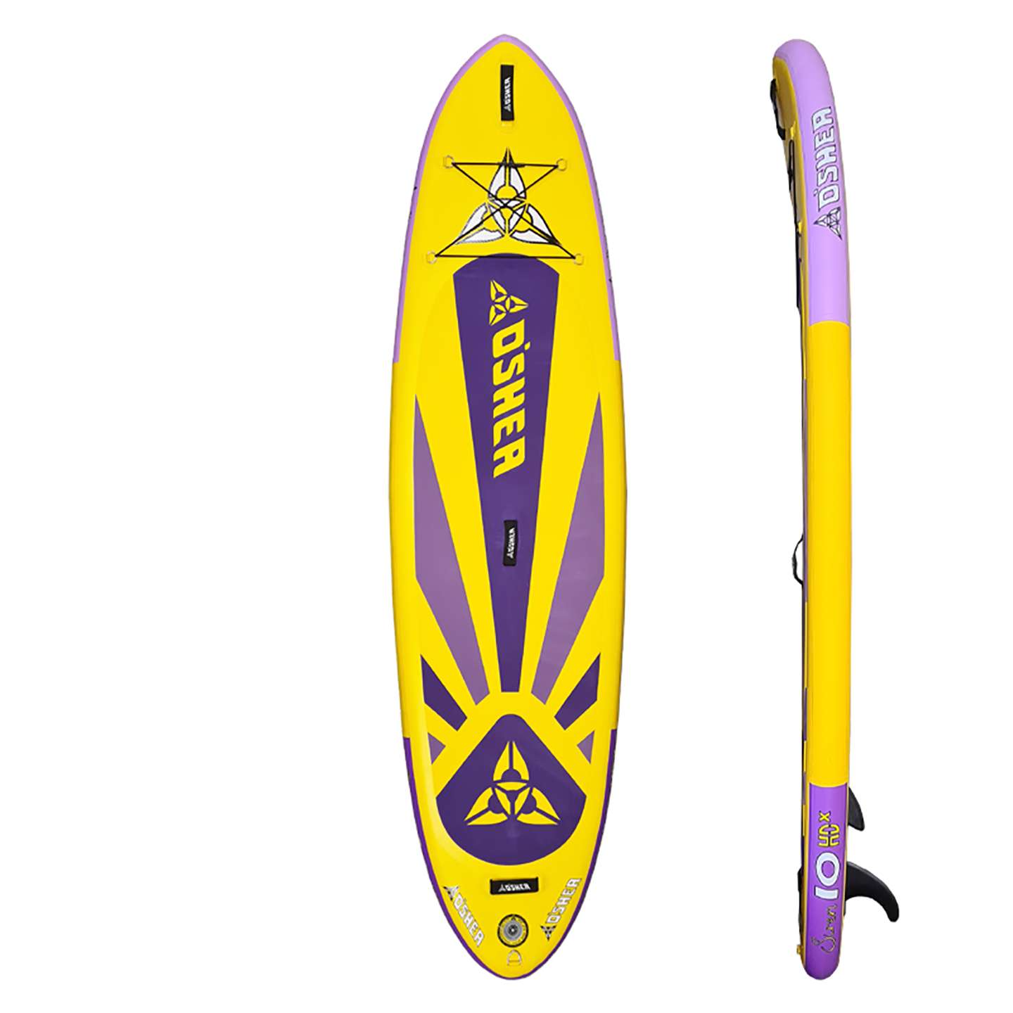 O'Shea 10'0 Siren HDx Inflatable SUP 2023 underside view showing fin box, rails and inflatable board outline