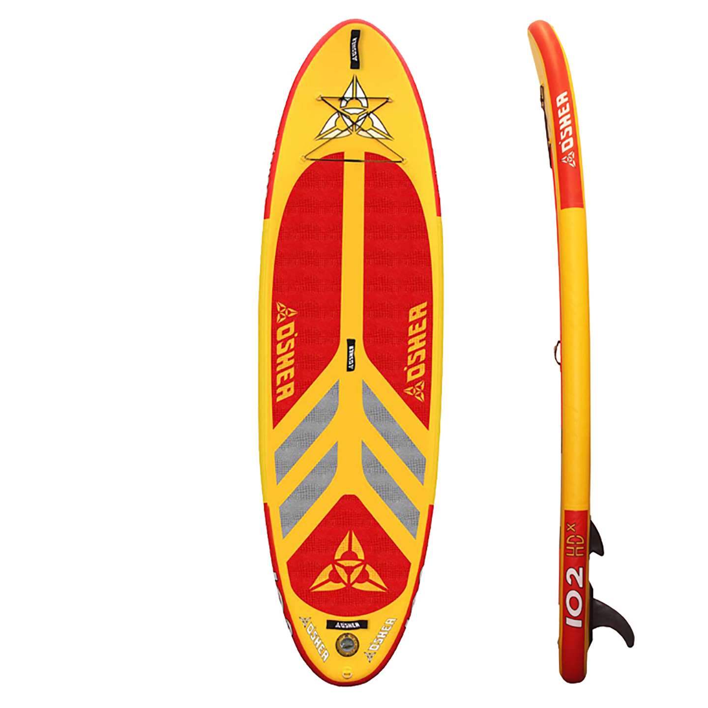 O'Shea 10'2 HDx Inflatable SUP 2025 underside view showing fin box, rails and inflatable board outline