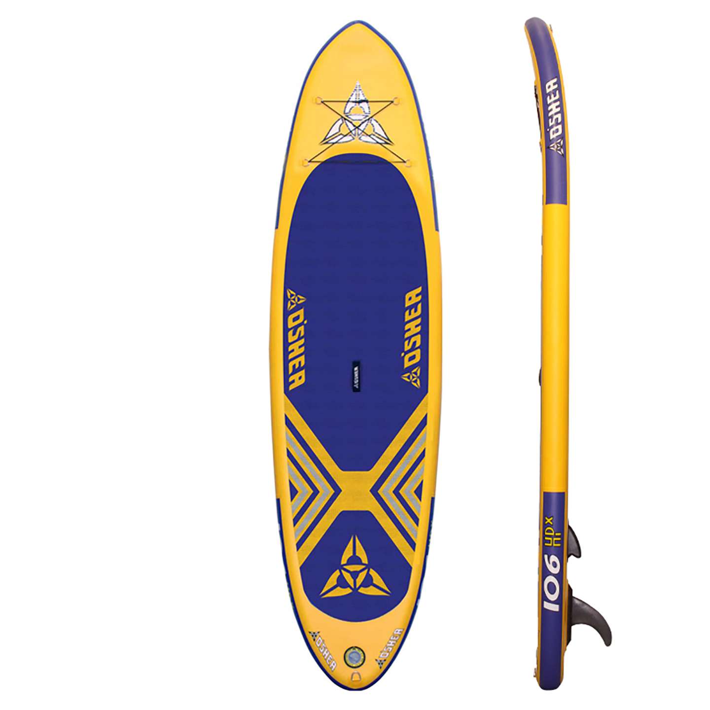 O'Shea 10'6 HPx Inflatable SUP 2023 underside view showing fin box, rails and inflatable board outline