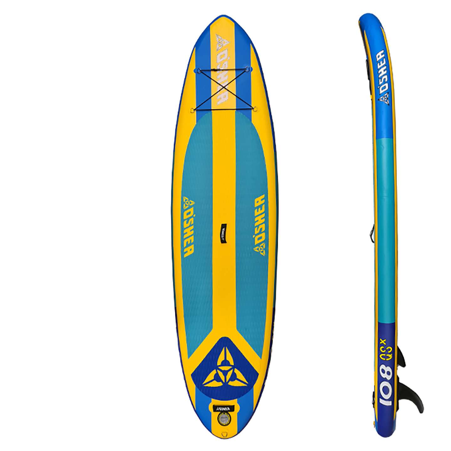O'Shea 10'8 QSx Inflatable SUP 2025 underside view showing fin box, rails and inflatable board outline