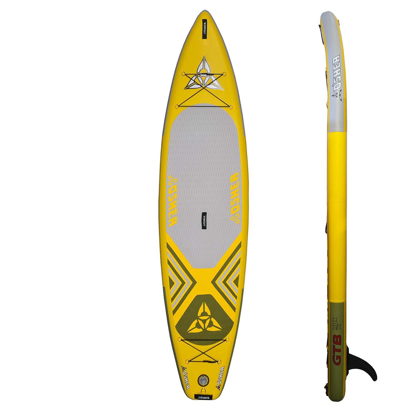 O'Shea 11'6 GTB HPx Inflatable SUP 2022 underside view showing fin box, rails and inflatable board outline