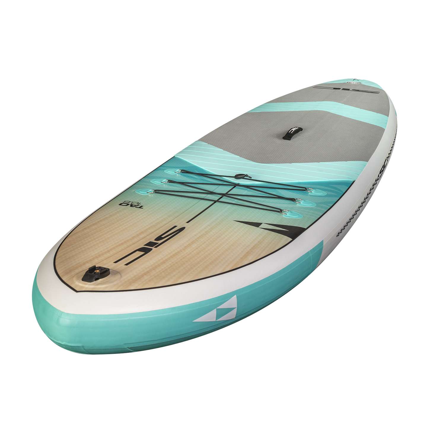 SIC Maui Tao Air 10'6 Inflatable SUP underside or angled view showing the hull profile, fin area and board outline