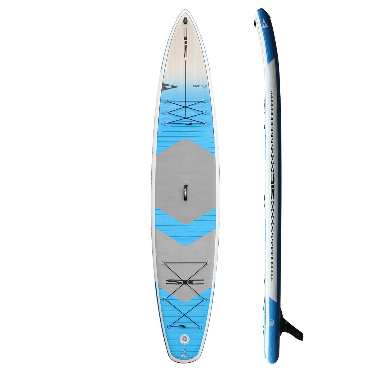 SIC Maui Tao Air Tour 12'6 Inflatable SUP underside or angled view showing the hull profile, fin area and board outline
