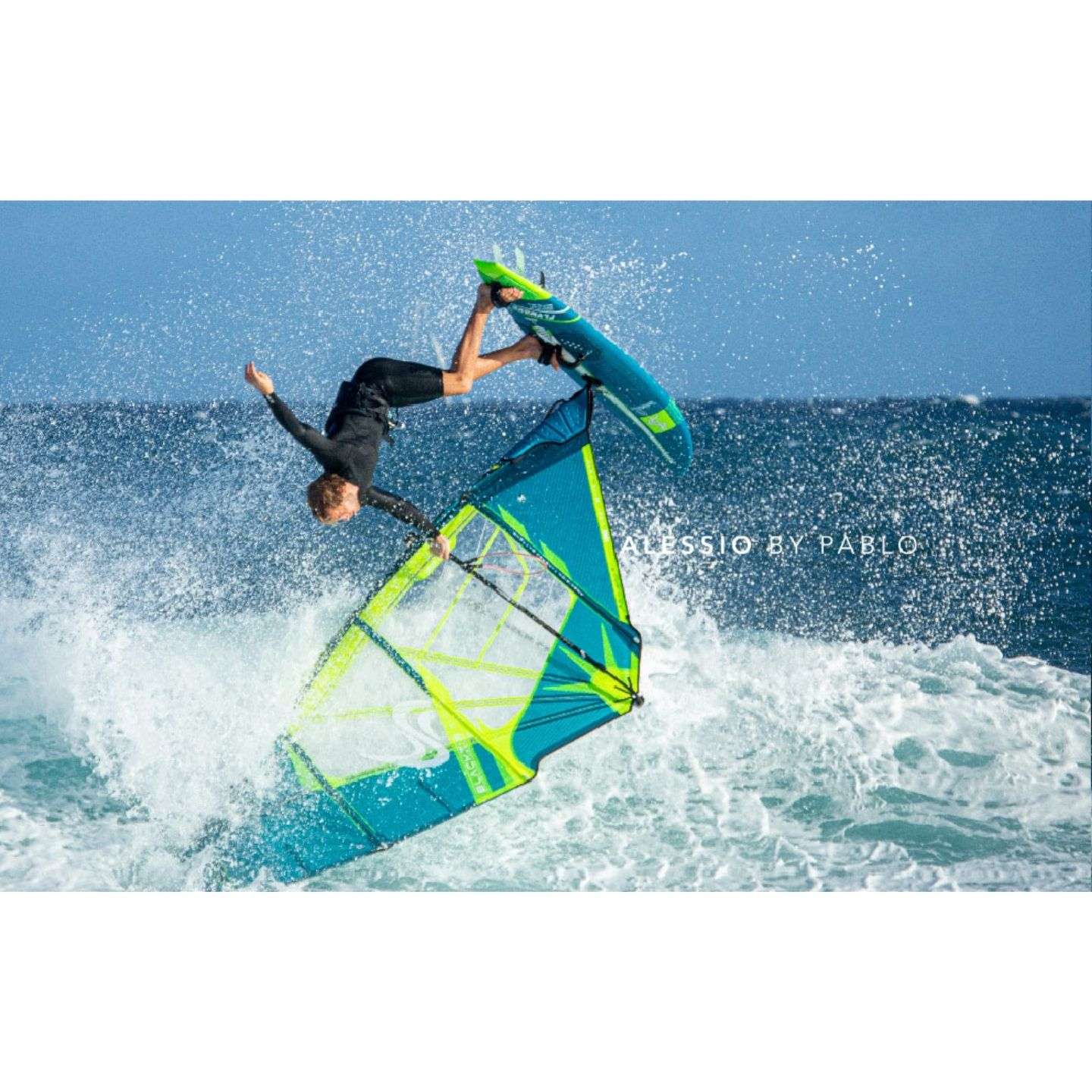 Simmer Blacktip Legacy 2022 windsurf sail alternate view highlighting the sail graphics, battens and reinforced window panels