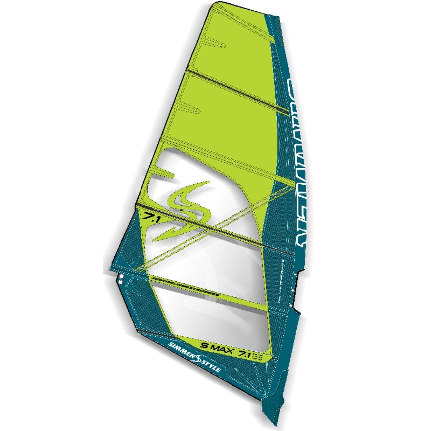 Simmer S Max 2022 windsurf sail alternate view highlighting the sail graphics, battens and reinforced window panels