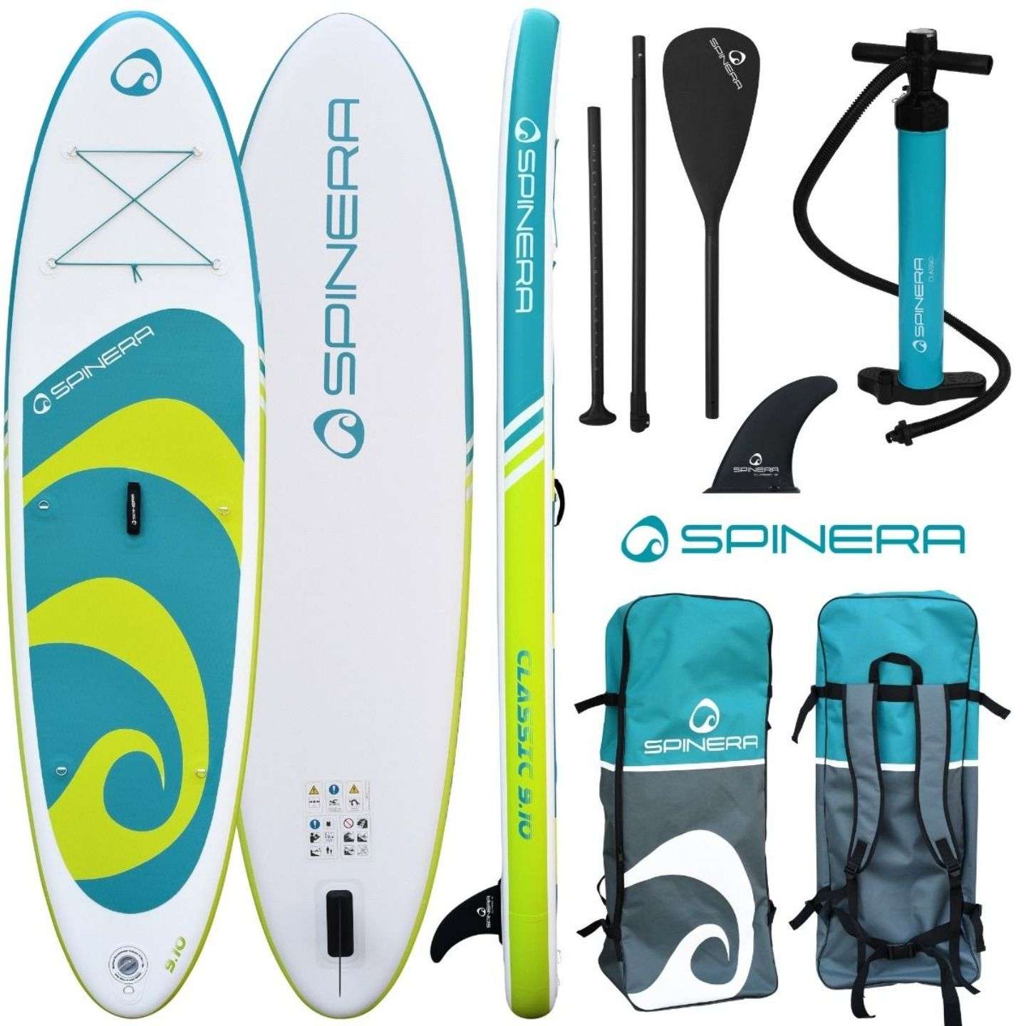 Spinera Classic iSUP 9'10" inflatable stand up paddle board lifestyle view of the inflatable paddle board set up for flat-water paddling