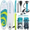 Spinera Classic iSUP 9'10" inflatable stand up paddle board deck view showing the EVA traction pad, carry handle and bungee storage area