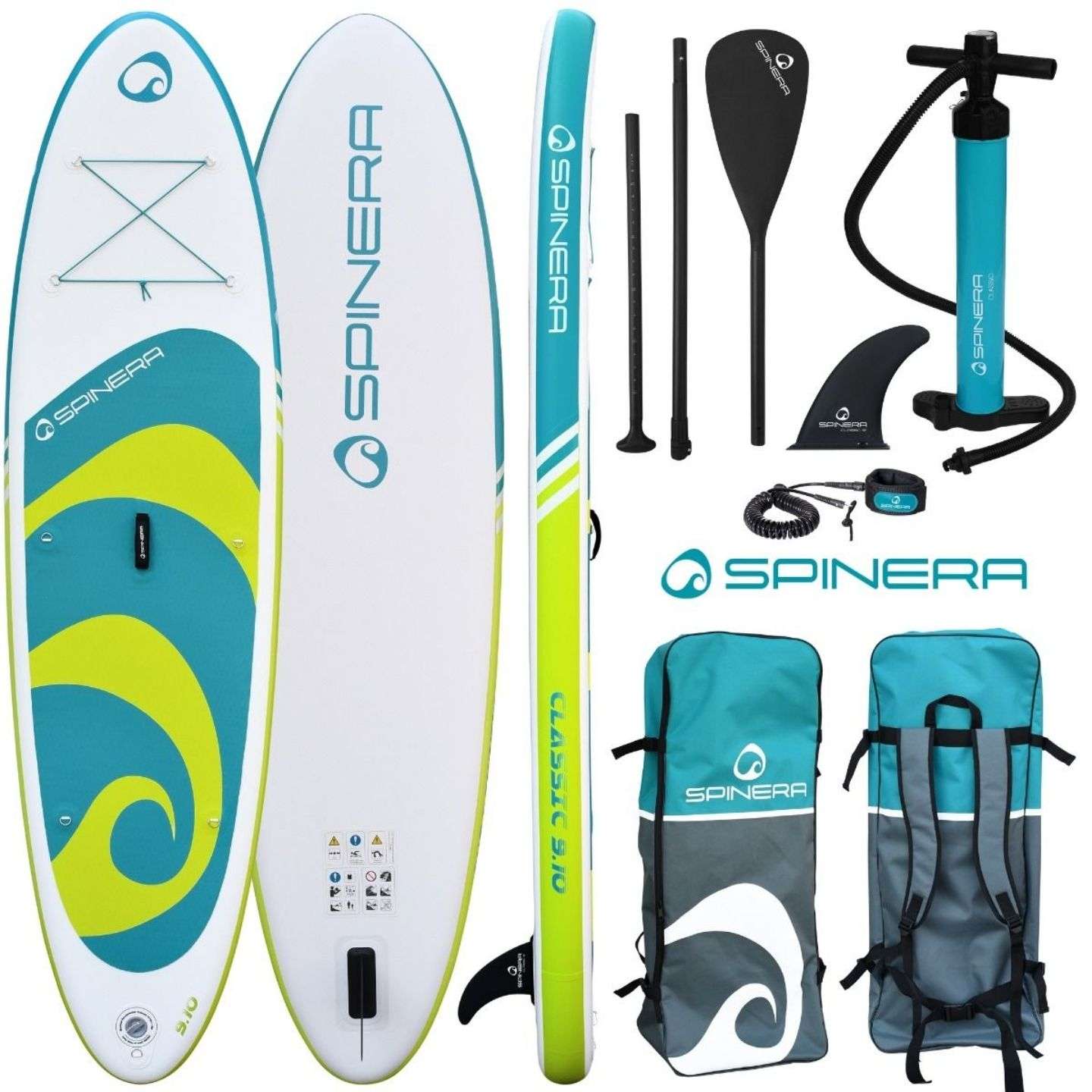 Spinera Classic iSUP 9'10" inflatable stand up paddle board deck view showing the EVA traction pad, carry handle and bungee storage area