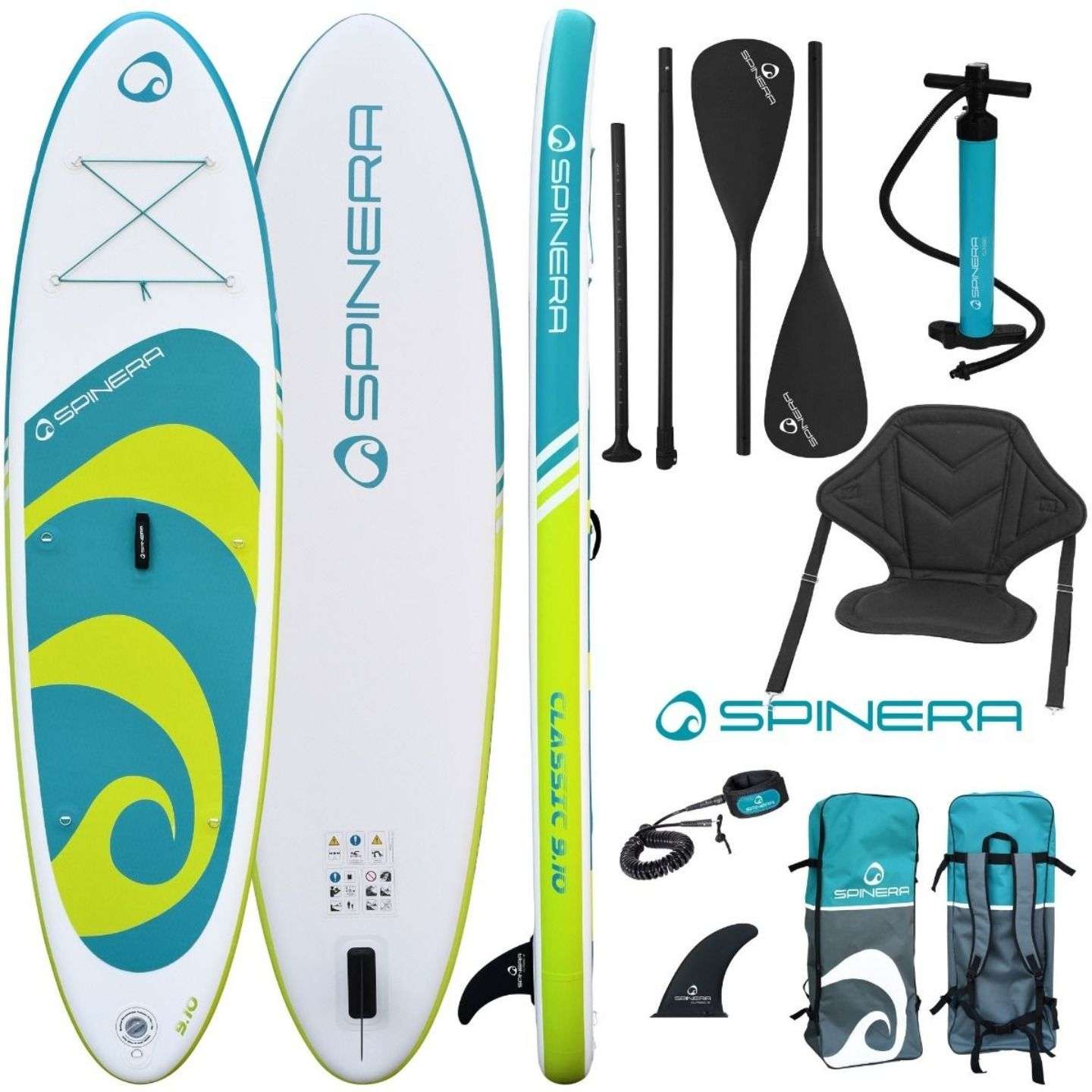 Spinera Classic iSUP 9'10" inflatable stand up paddle board underside view highlighting the hull shape, fin area and inflatable board profile