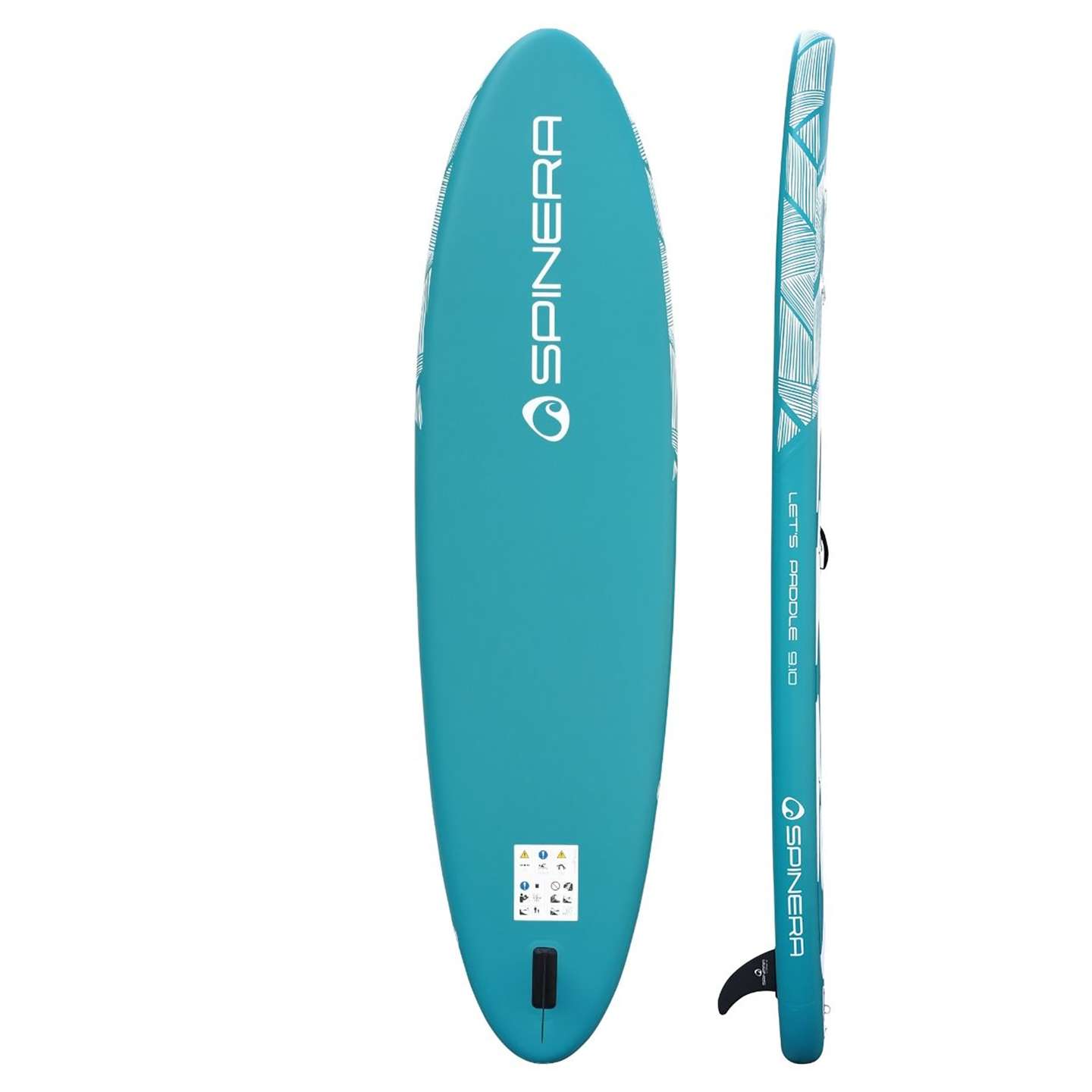 Spinera Lets Paddle 11'2 Inflatable SUP Package inflatable stand up paddle board deck view showing the EVA traction pad, carry handle and bungee storage area