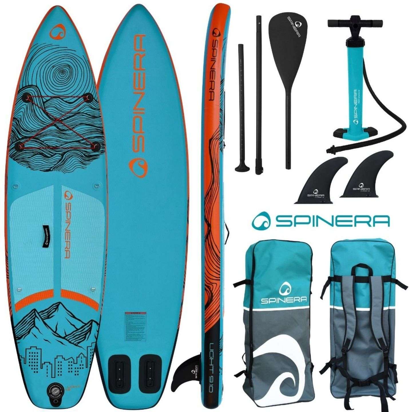 Spinera Light iSUP inflatable stand up paddle board alternate product view showing key features and construction details