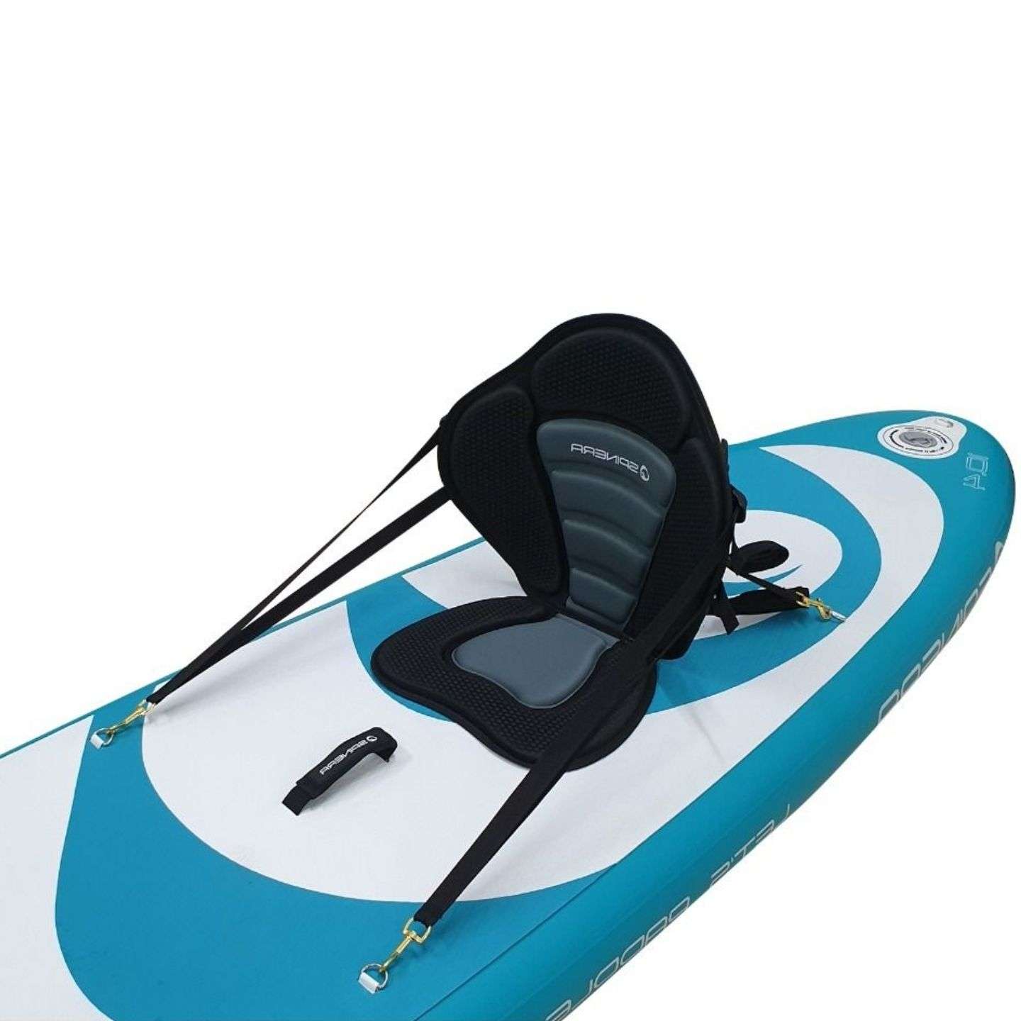 spinera-performance-seat-alt1-zoom Spinera SUP/Kayak Seat SUP and kayak seat alternate view showing the padded backrest, seat base and attachment straps