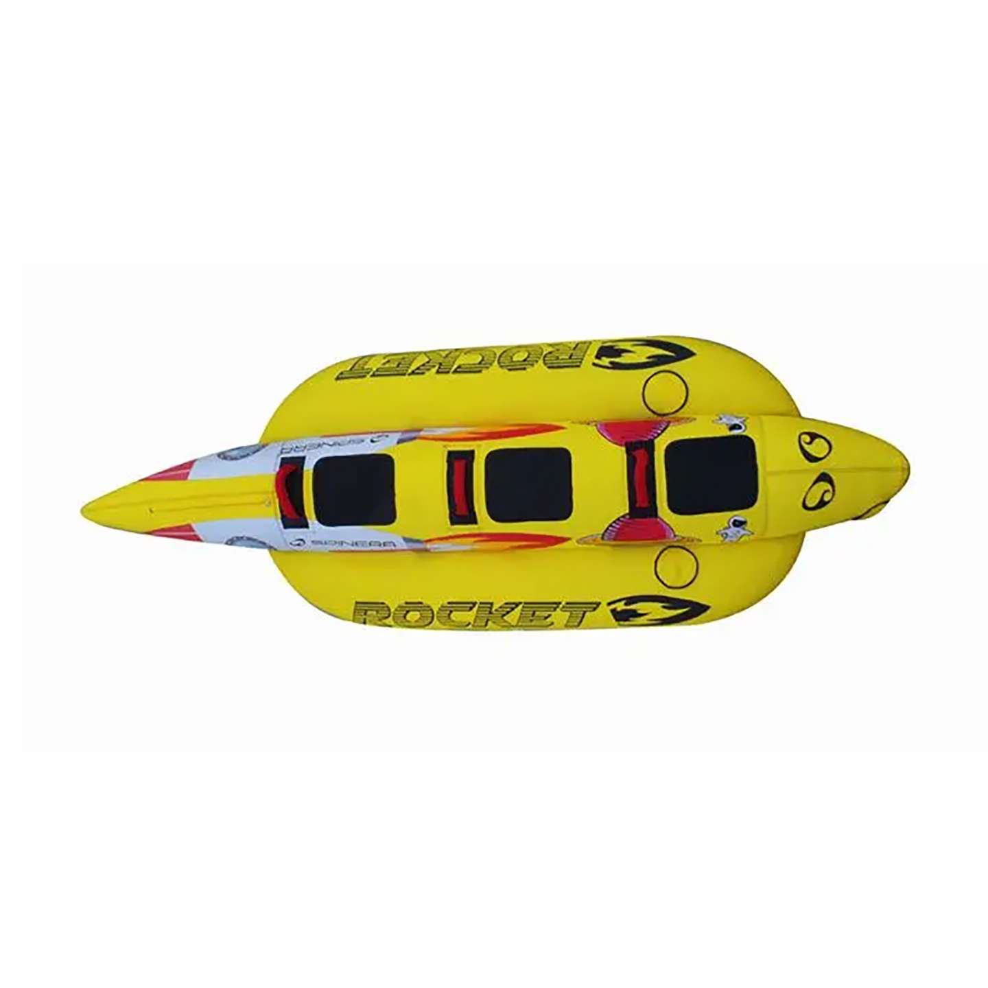 spinera-rocket-3-tube-alt2-zoom Spinera Rocket 3 Inflatable Watersled inflatable towable water tube on-water style image highlighting the handles, seating area and inflatable deck shape