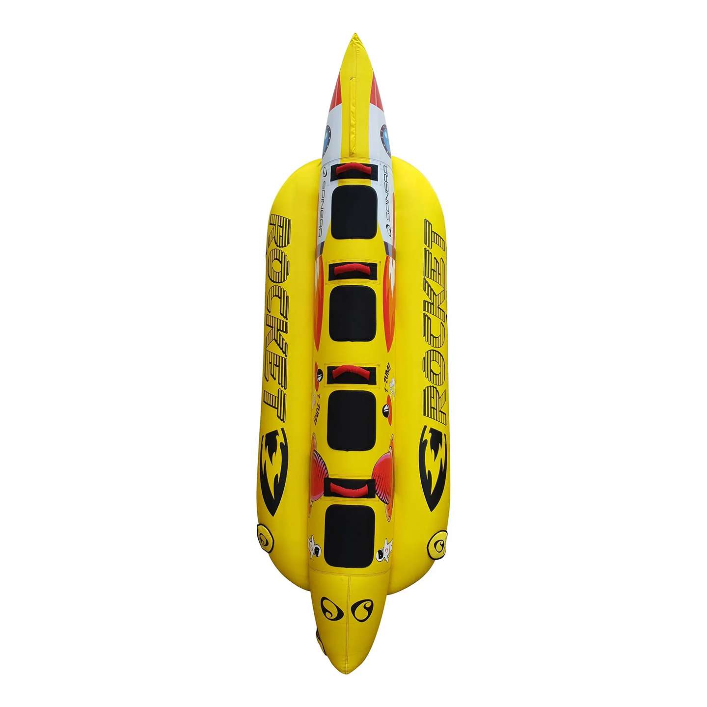 spinera-rocket-4-tube-alt2-zoom Spinera Rocket 4 Inflatable Watersled inflatable towable water tube on-water style image highlighting the handles, seating area and inflatable deck shape