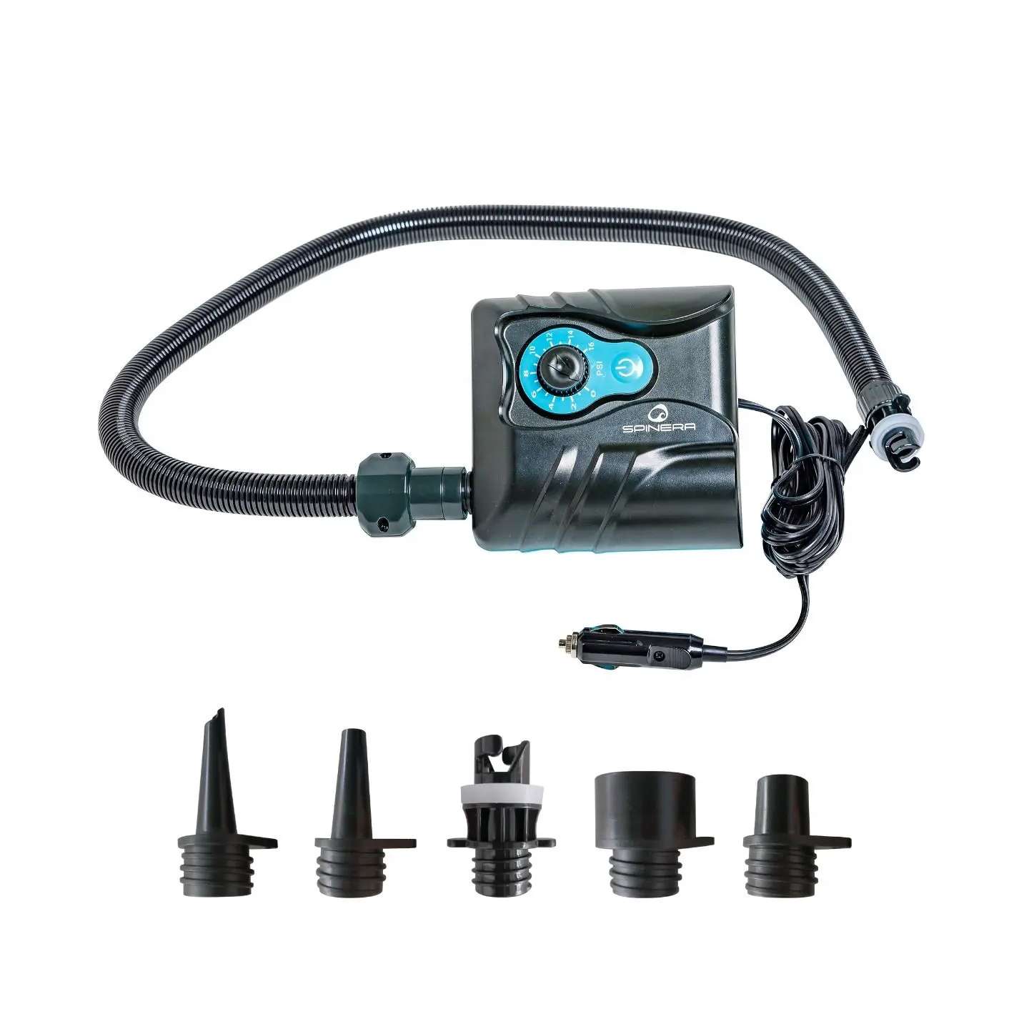 spinera-sup1-electric-sup-pump-alt2-zoom Spinera SUP1 12V Electric SUP Pump 12V electric SUP pump detail view of the pressure display, inflation hose and pump accessories