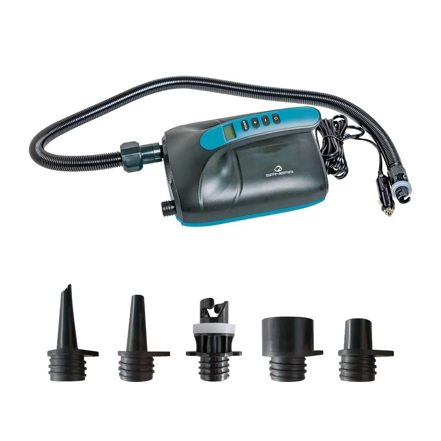 Spinera SUP3 12V Electric SUP Pump 12V electric SUP pump detail view of the pressure display, inflation hose and pump accessories