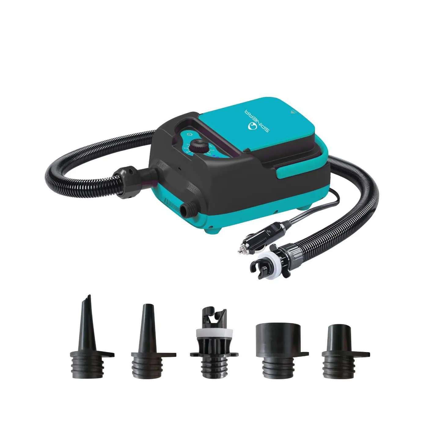 Spinera SUP4 12V Electric SUP Pump 12V electric SUP pump detail view of the pressure display, inflation hose and pump accessories