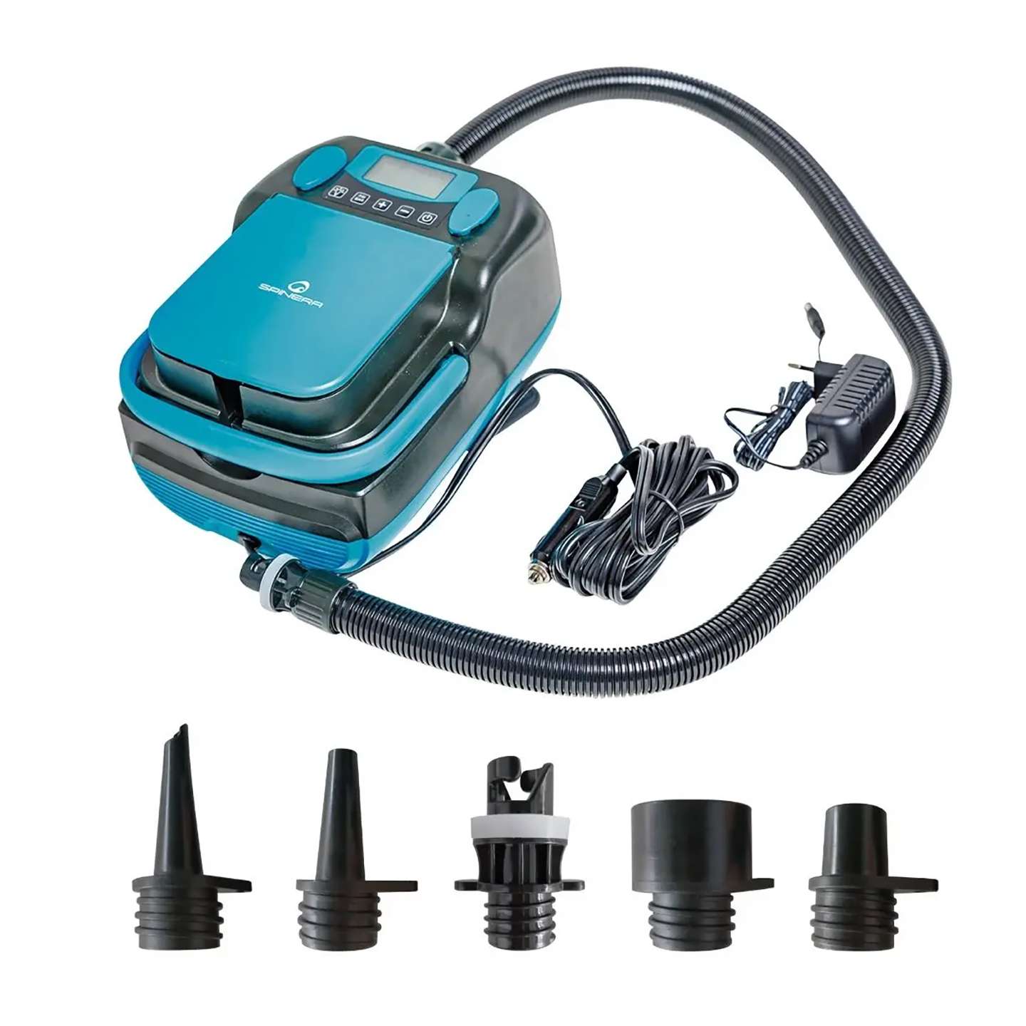 Spinera SUP5 12V Electric SUP Pump 12V electric SUP pump detail view of the pressure display, inflation hose and pump accessories