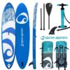 Spinera SUPVENTURE DLT iSUP inflatable stand up paddle board deck view showing the EVA traction pad, carry handle and bungee storage area