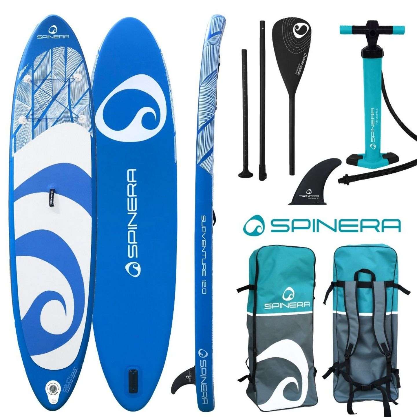 Spinera SUPVENTURE DLT iSUP inflatable stand up paddle board deck view showing the EVA traction pad, carry handle and bungee storage area