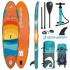 Spinera SUPVENTURE SUNSET iSUP inflatable stand up paddle board deck view showing the EVA traction pad, carry handle and bungee storage area
