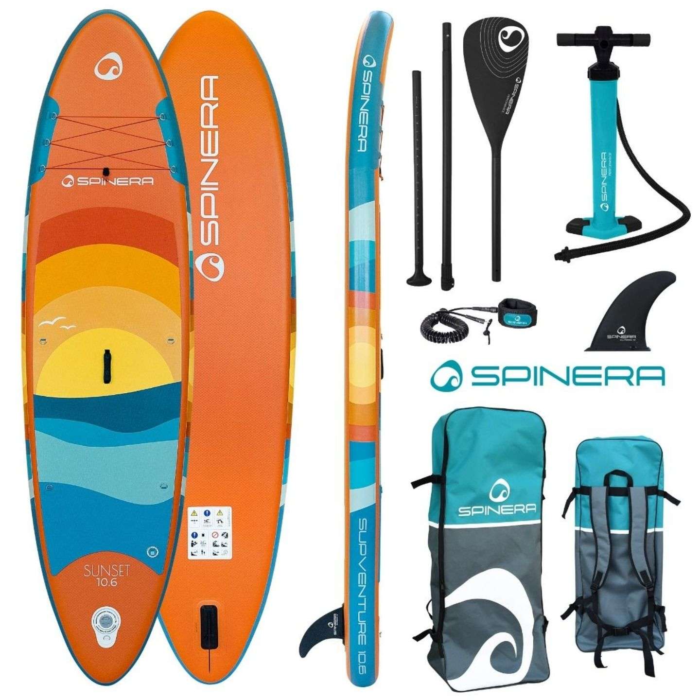 Spinera SUPVENTURE SUNSET iSUP inflatable stand up paddle board deck view showing the EVA traction pad, carry handle and bungee storage area