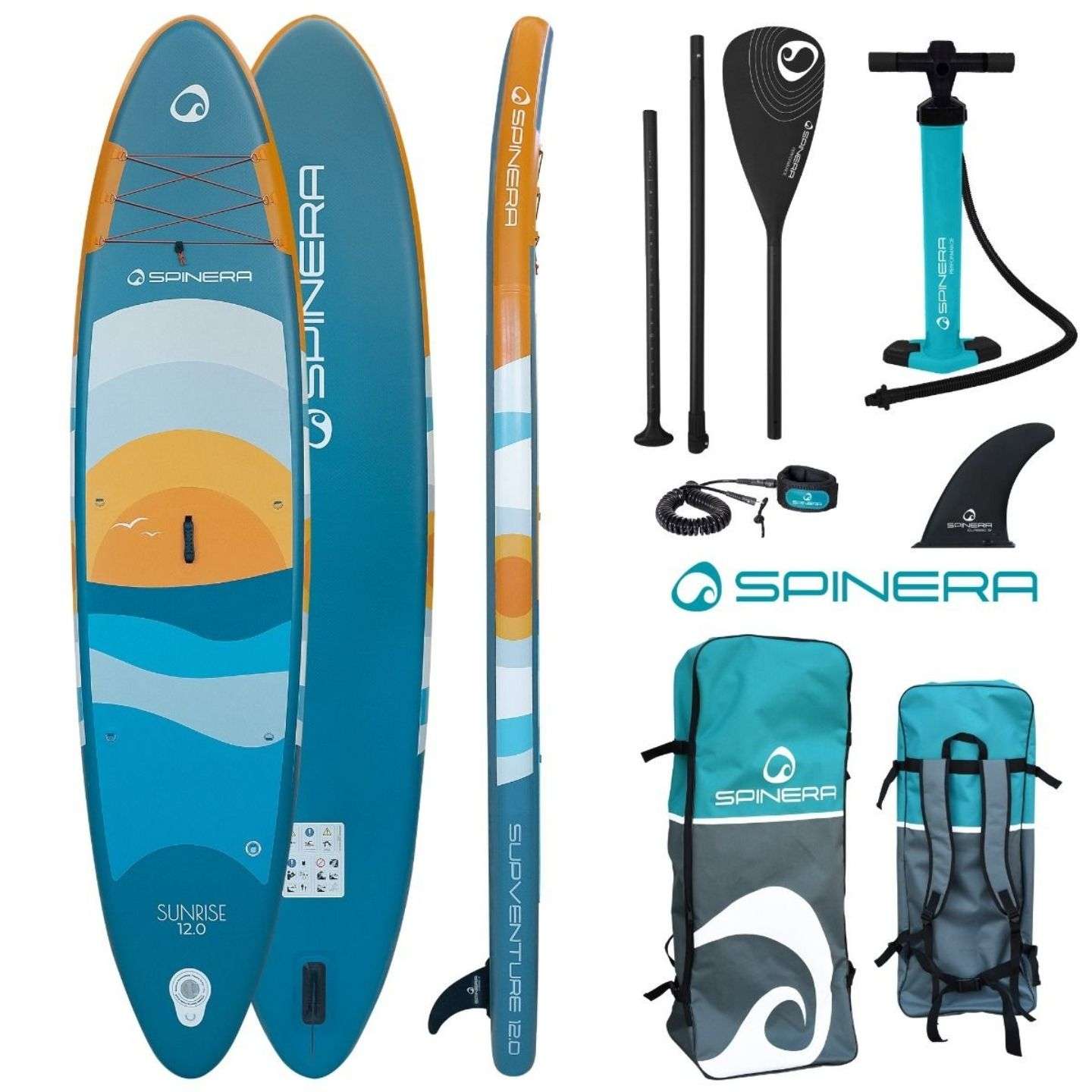 Spinera SUPVENTURE SUNSET iSUP inflatable stand up paddle board underside view highlighting the hull shape, fin area and inflatable board profile