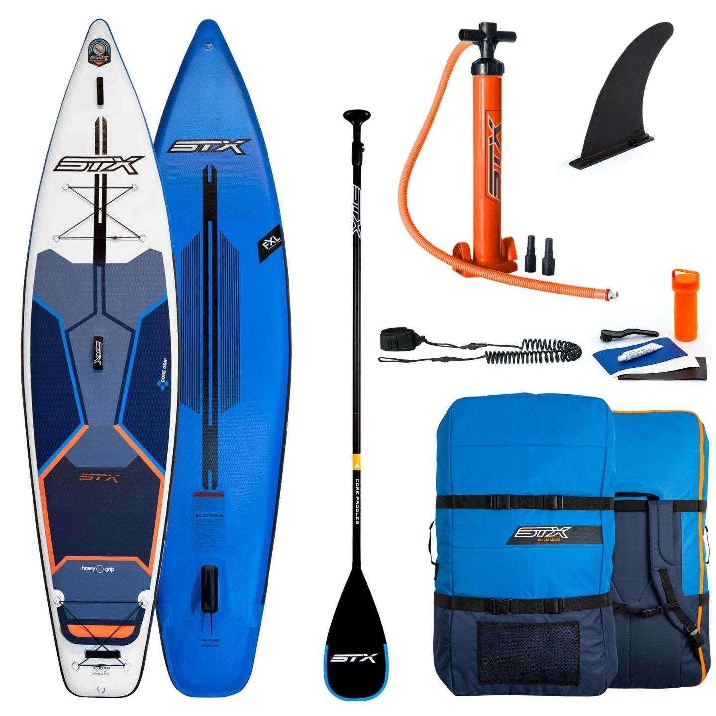 STX iSUP Tourer 12'6 inflatable touring SUP board product cutout showing board shape, deck pad, fin setup and bungee storage