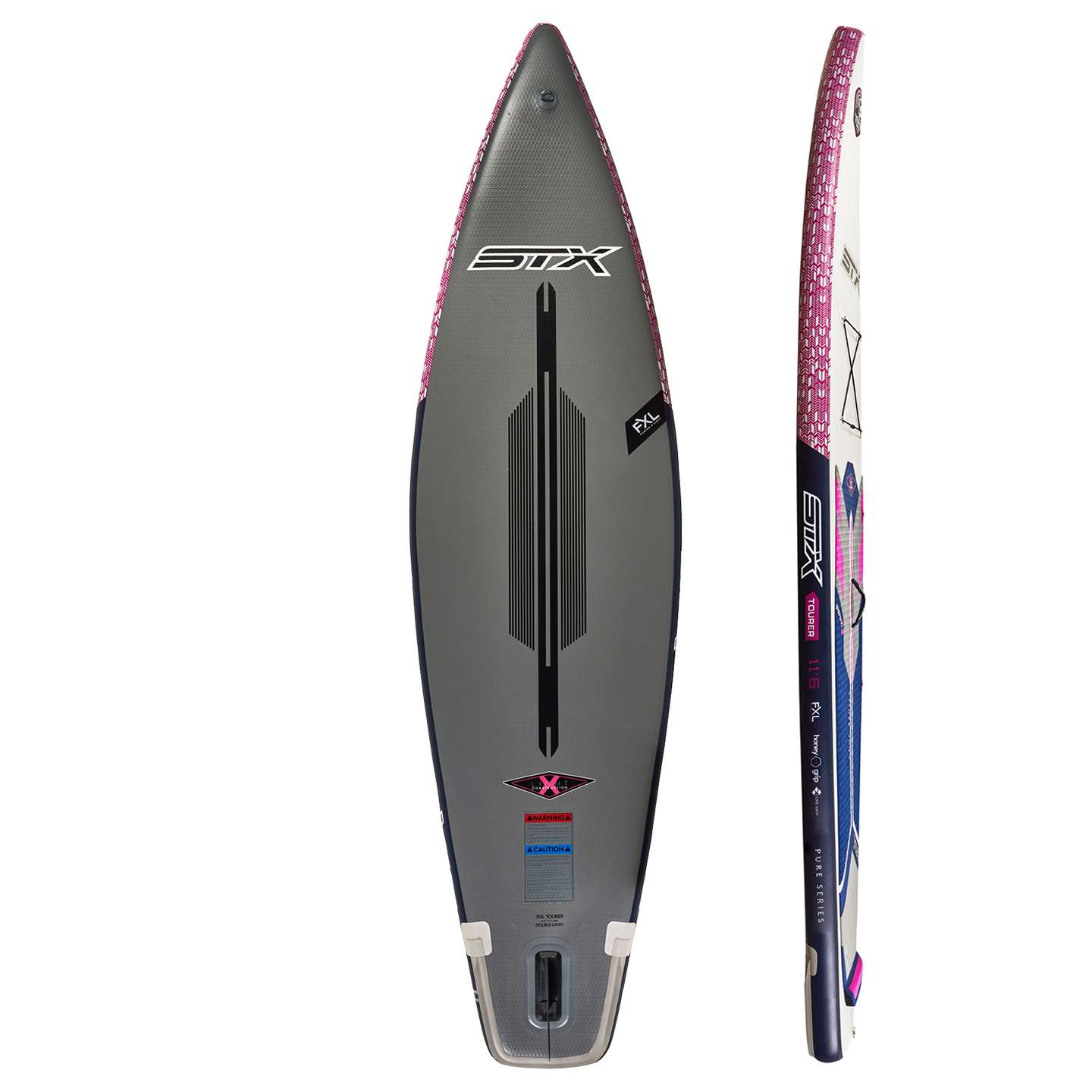 STX Pure Tourer 10'6 Inflatable SUP inflatable touring SUP board underside view showing fin box, tail shape and inflatable board construction