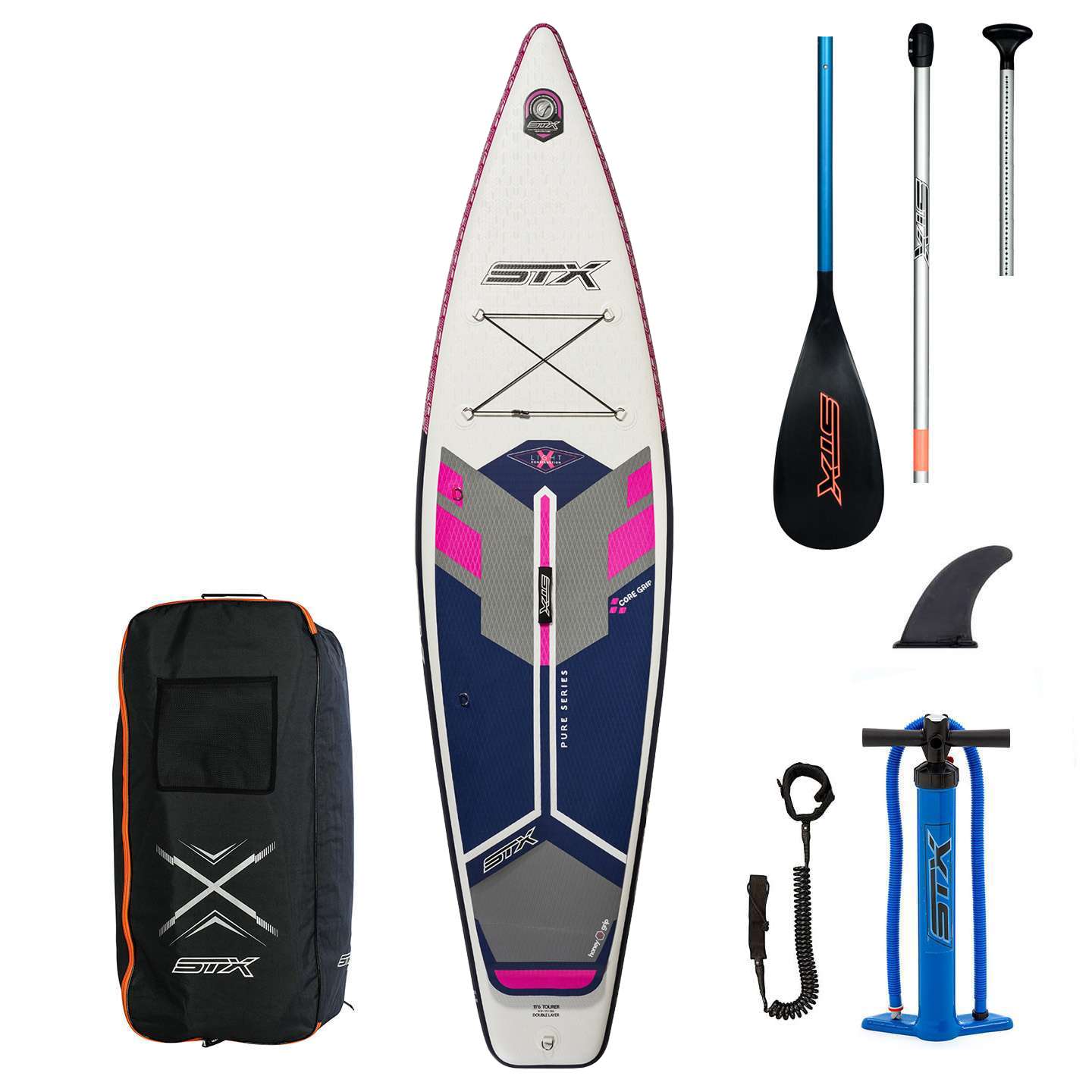 STX Pure Tourer 10'6 Inflatable SUP inflatable touring SUP board product cutout showing board shape, deck pad, fin setup and bungee storage