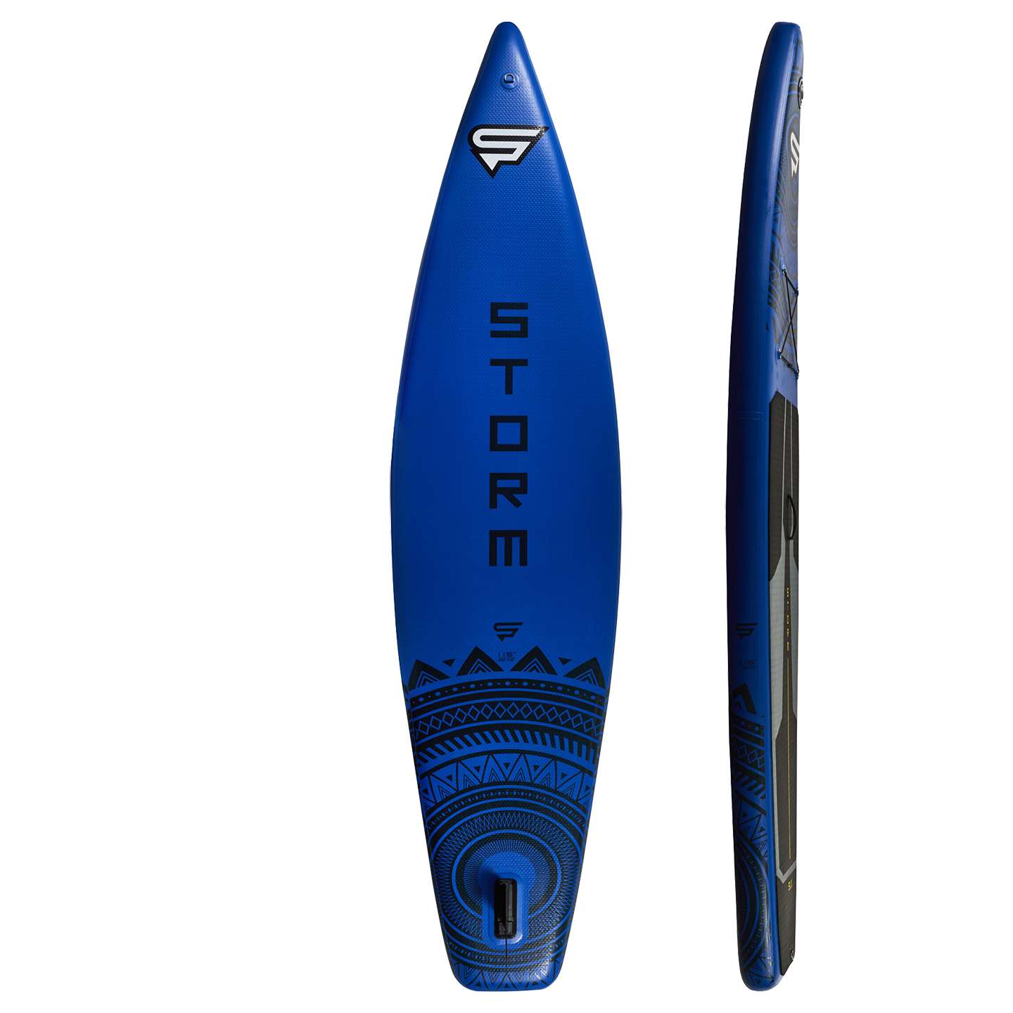 STX Storm Tourer 11'6 Inflatable SUP inflatable touring SUP board deck view showing EVA traction pad, carry handle and front bungee storage