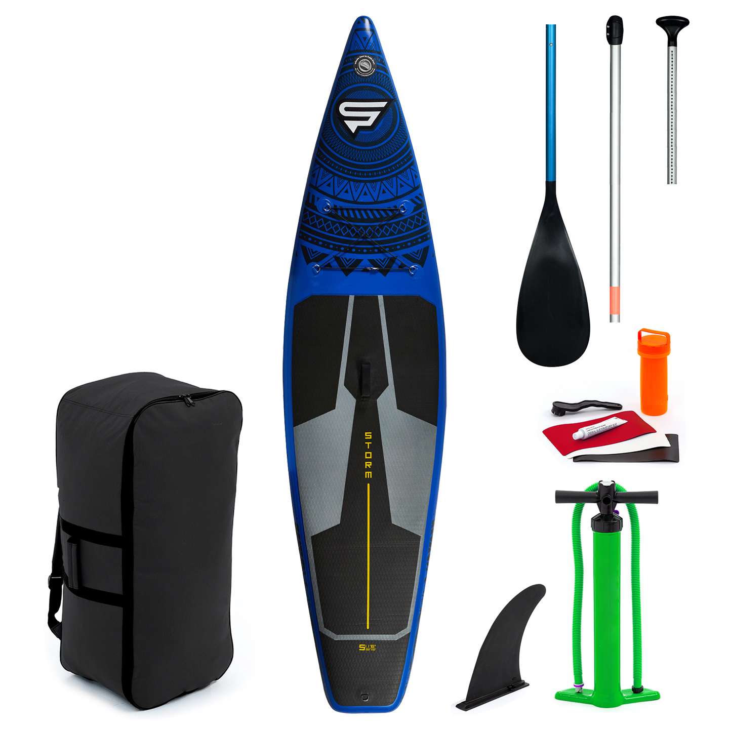 STX Storm Tourer 11'6 Inflatable SUP inflatable touring SUP board product cutout showing board shape, deck pad, fin setup and bungee storage