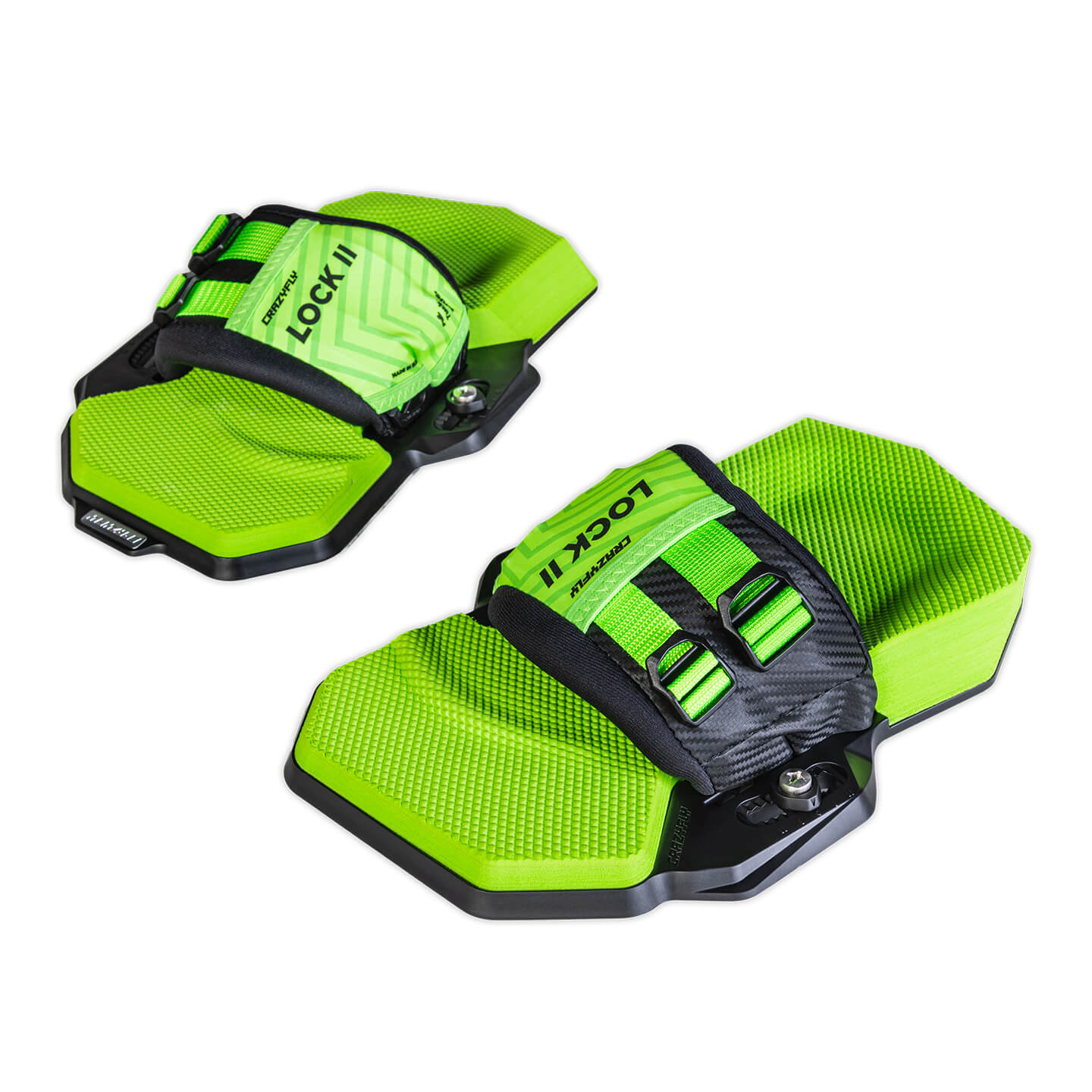 Crazyfly Lock II Bindings in green colour option studio product image showing the complete bindings setup