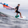 Cabrinha Code Wing Foil Board 2025 deck view showing footpad area, stance inserts, rail outline, nose and tail shape and board graphics