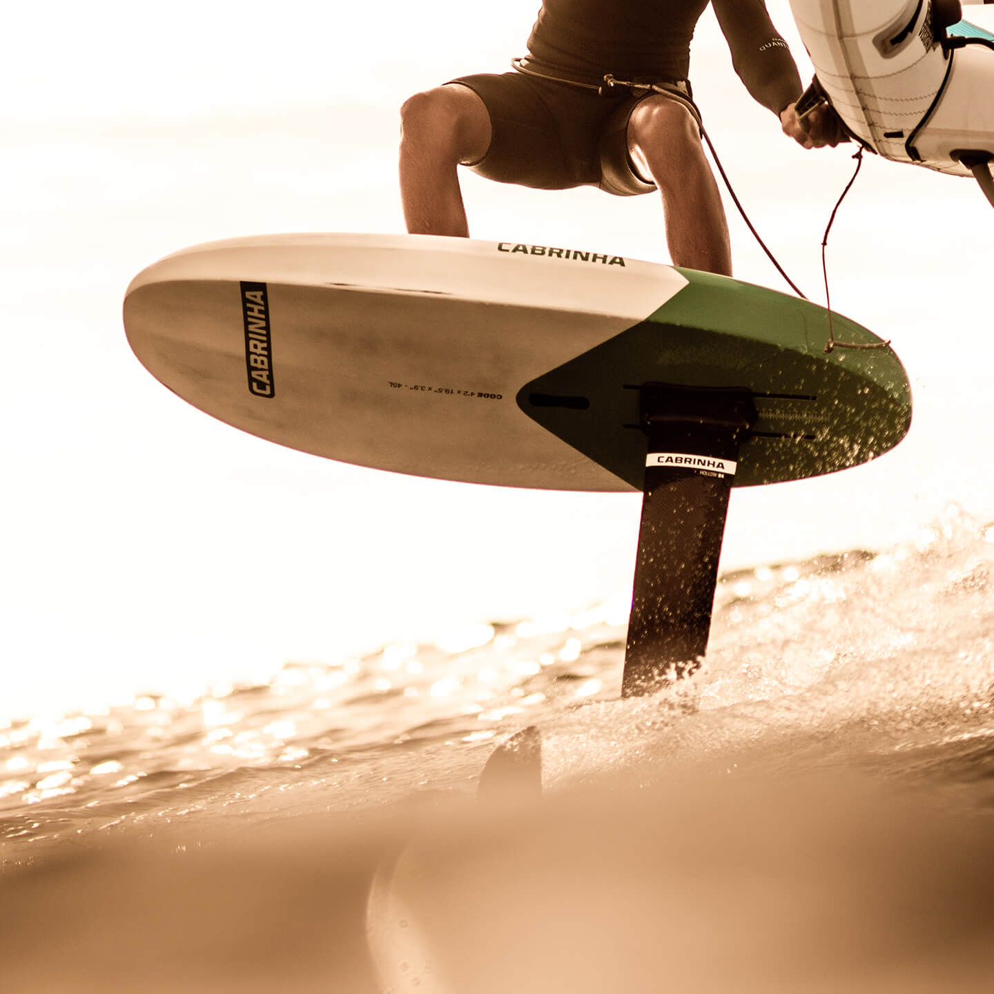 Cabrinha Code Wing Foil Board 2025 base view showing underside graphics, channels, rocker line, rail shape and bottom construction details