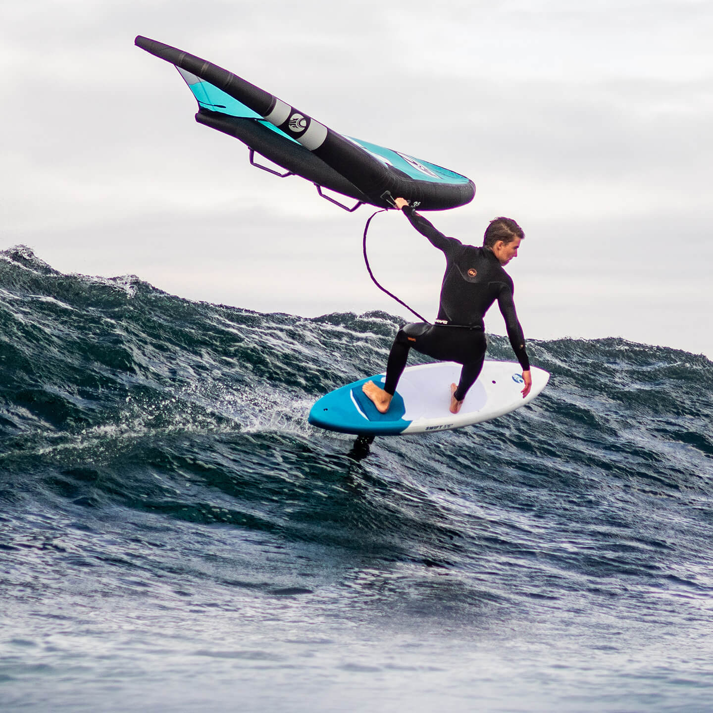 Cabrinha Swift Foil Board 2025 deck view showing footpad area, stance inserts, rail outline, nose and tail shape and board graphics