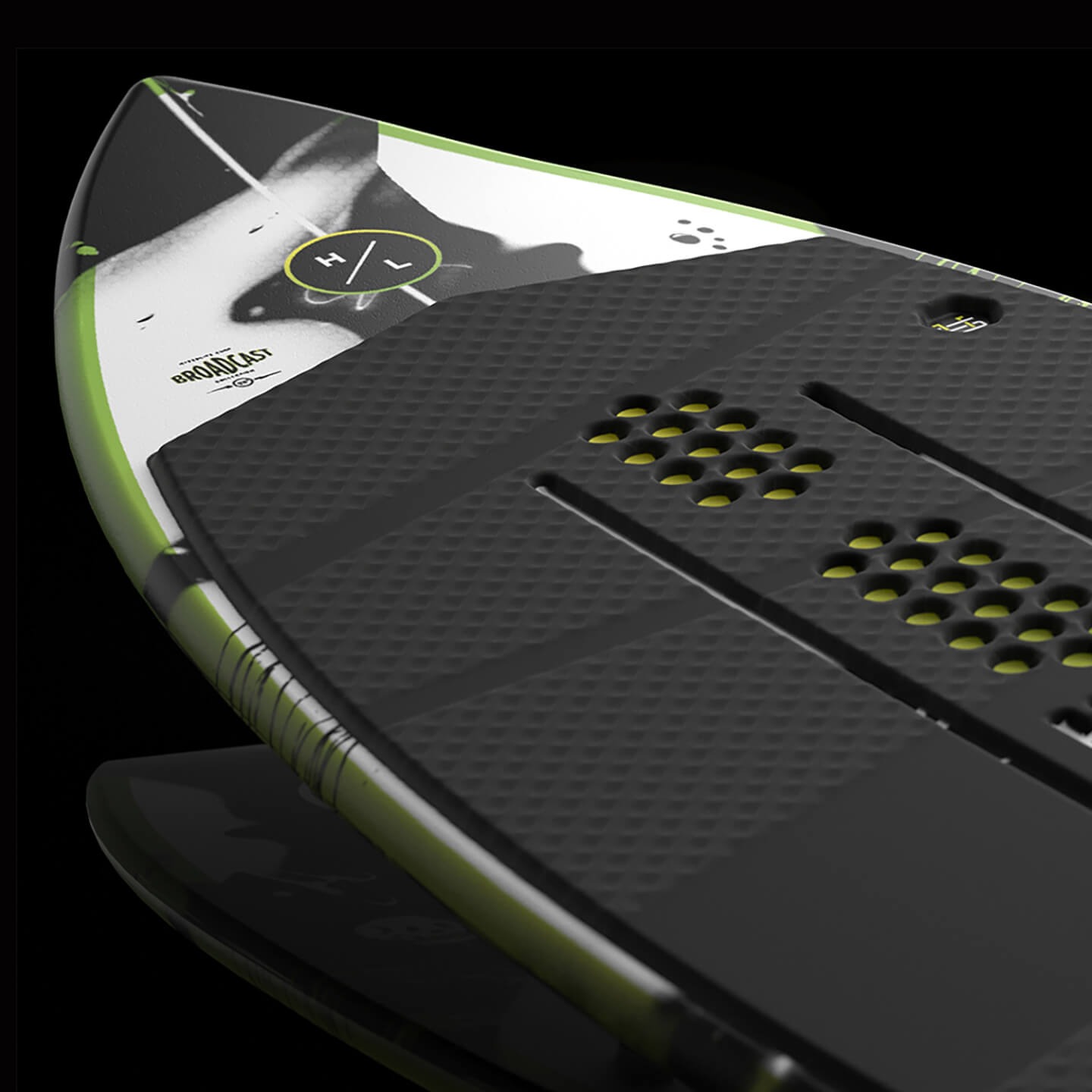 Hyperlite Broadcast Wakesurfer 2026 – bottom view of the wakesurf board with base graphic and fin area