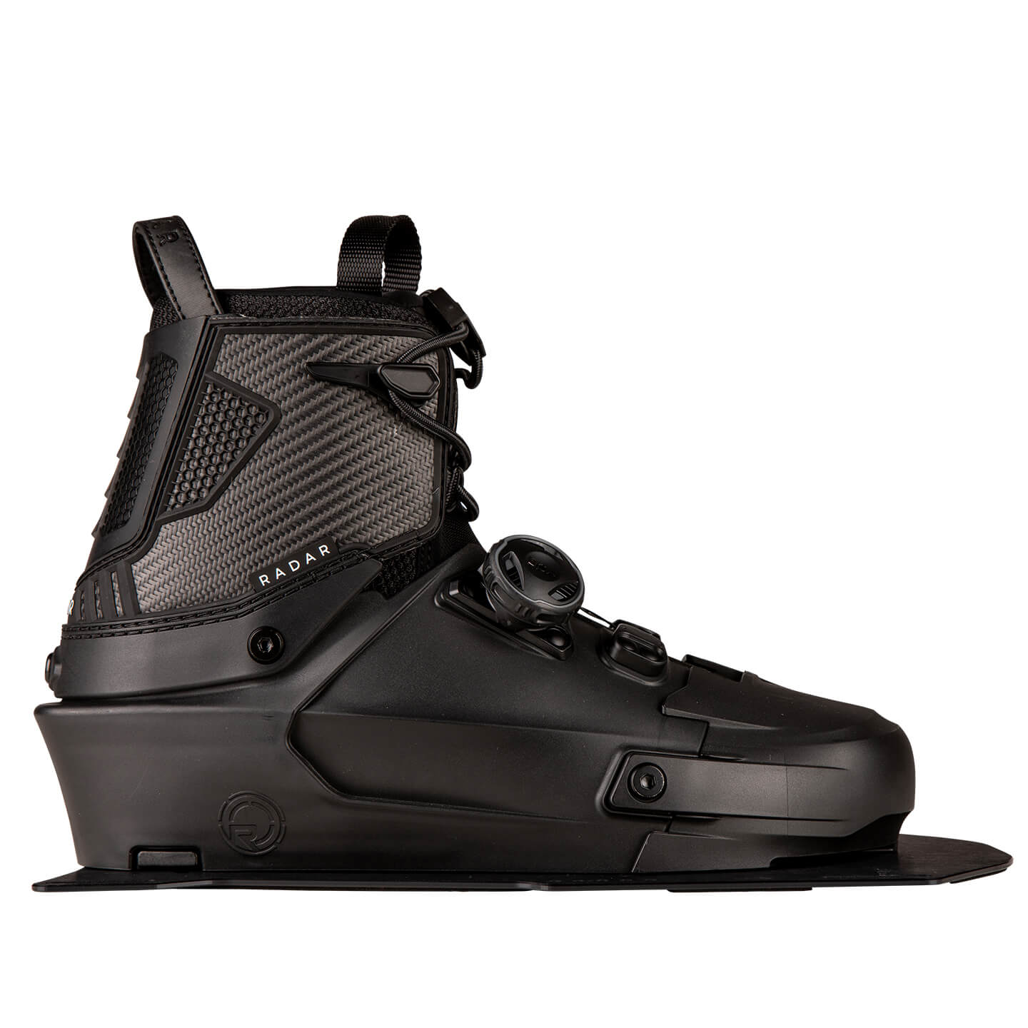 Radar Vapor Waterski Front Boot 2026 front waterski boot product cutout showing the boot shape, liner and mounting plate on a white background