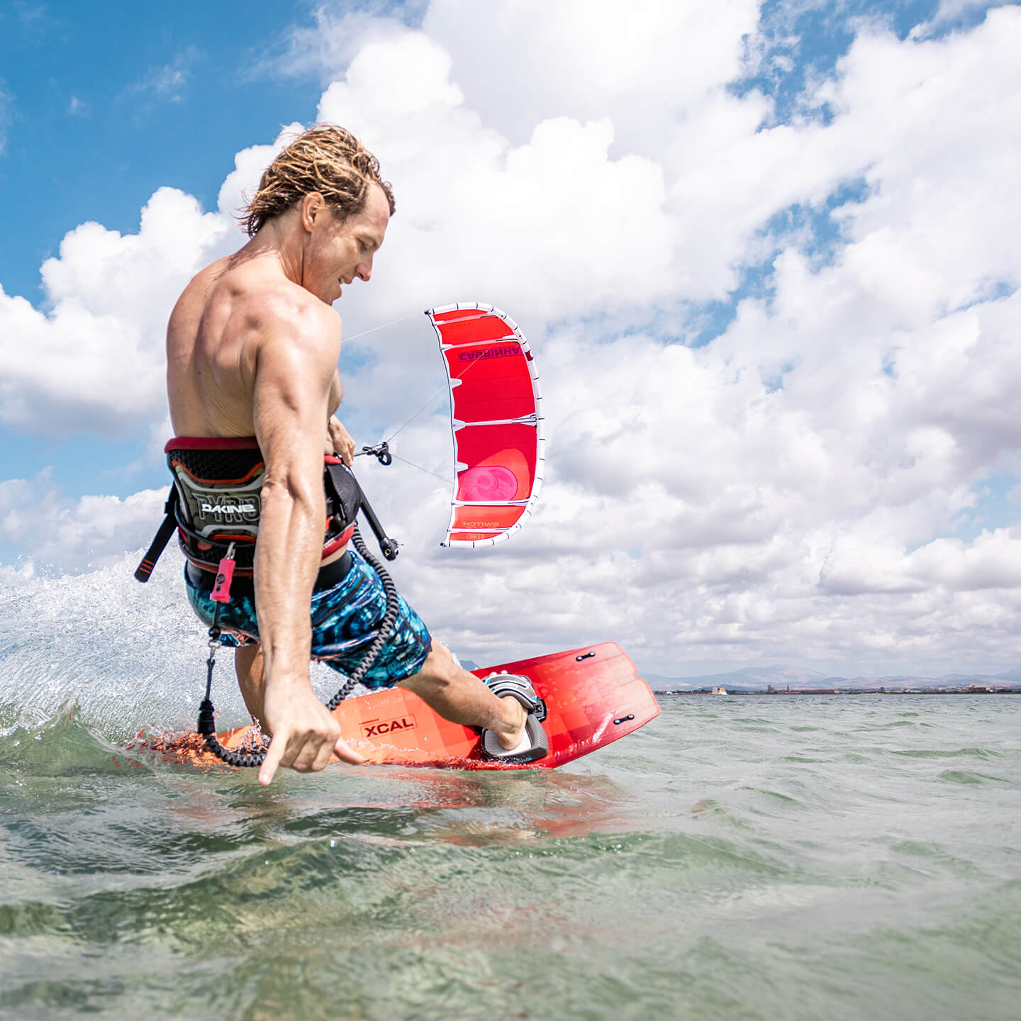 Cabrinha XCal 2026 Kiteboard inflated kite front view showing the full canopy graphics, leading edge curve, strut placement and wingtips