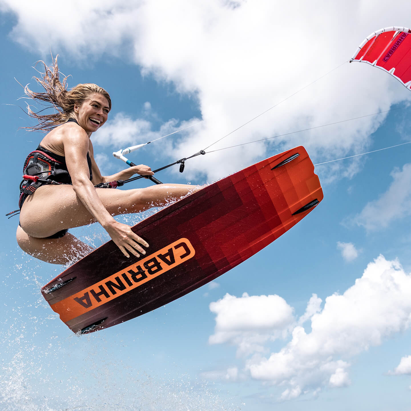 Cabrinha XCal 2026 Kiteboard close-up detail of the kite canopy panels, reinforced leading edge, bridle points and stitching construction